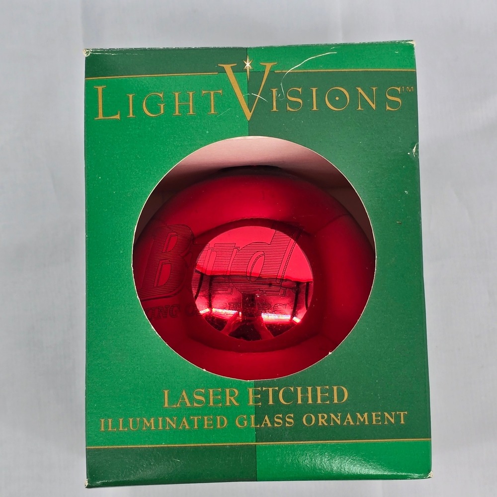 Vintage 1994 Light Visions Bud King of Beers Laser Etched Glass Ornament Red